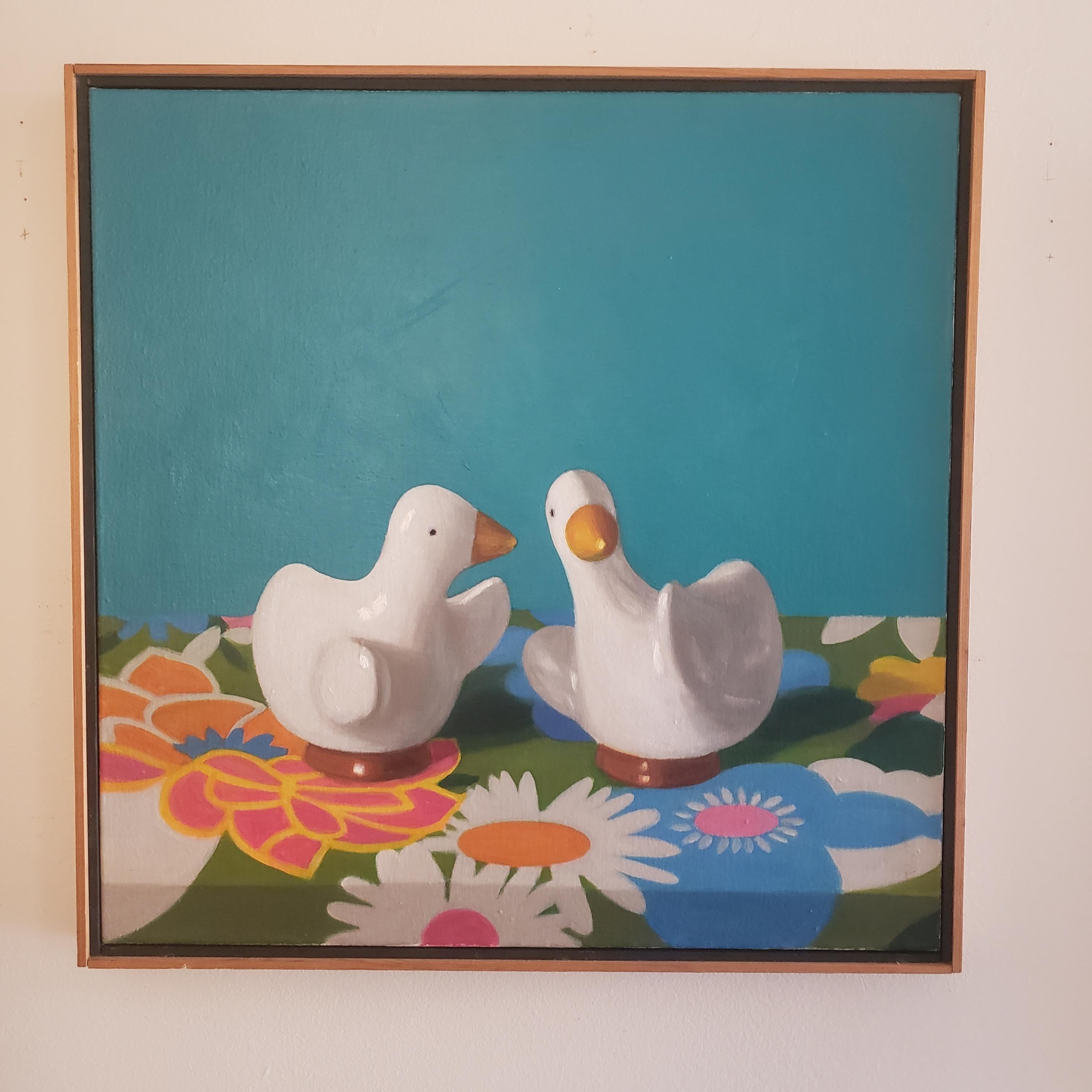 Marimekko Ducks, Oil Canvas, American Art, Realism, Tchotskes Quirky Objects - Painting by MAUREEN O'CONNER