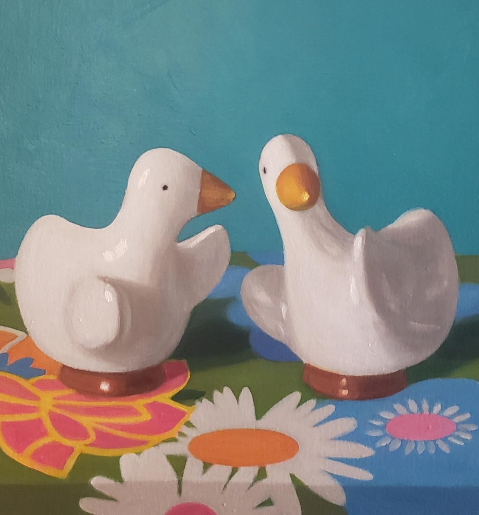  Marimekko Ducks, Oil Canvas, American Art, Realism, Tchotskes Quirky Objects - Realist Painting by MAUREEN O'CONNER
