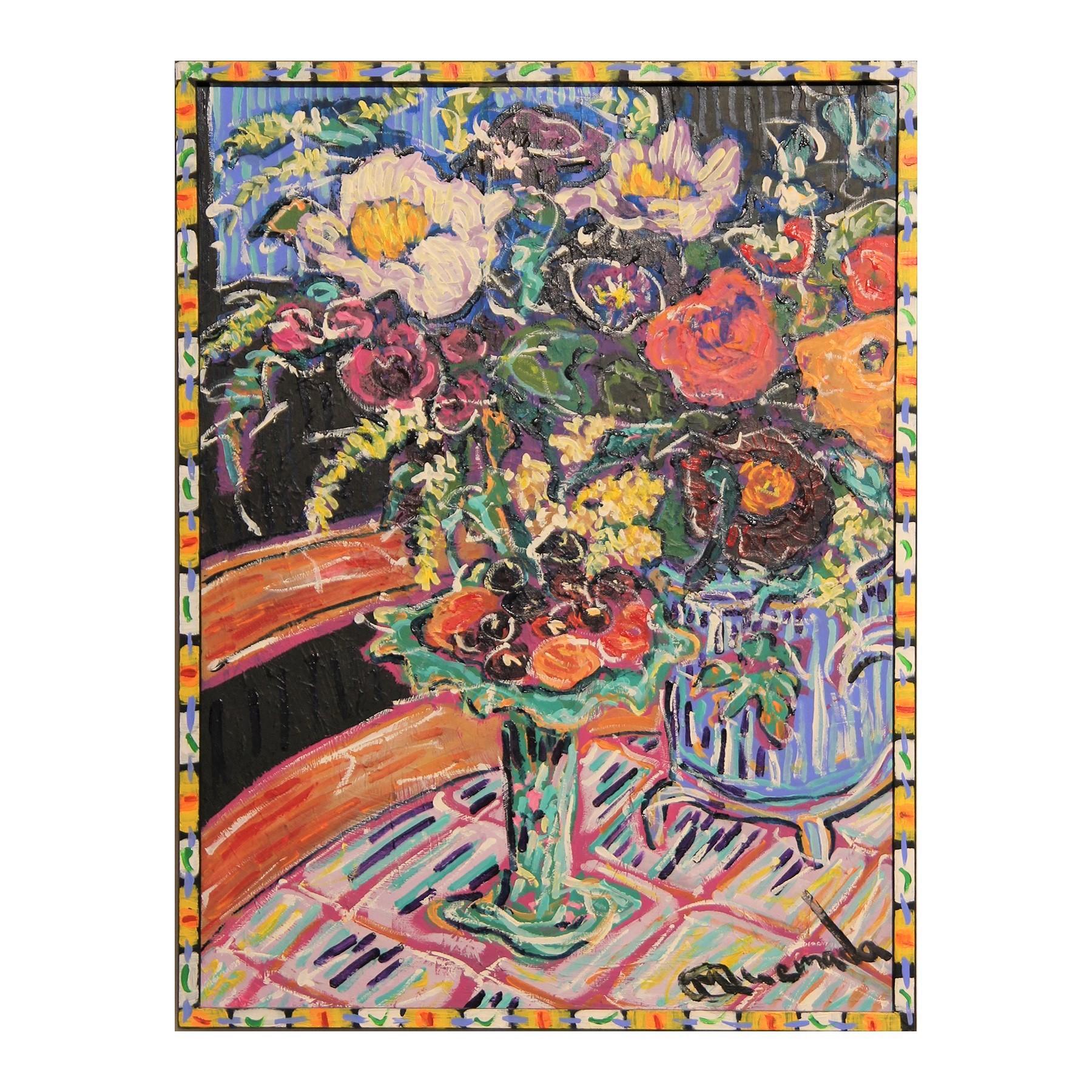 Colorful Abstract Floral Still Life Painting with Painted Frame