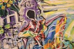Colorful Abstract Landscape with Woman, Flower Fields, and Houses on Mountain