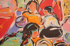 Colorful Red, Yellow, and Green Modern Abstract Street Scene with Female Vendors