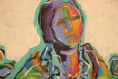 Teal and Pink Modern Abstract Portrait of Women with Yellow Flowers in Baskets