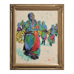 Teal and Pink Modern Abstract Portrait of Women with Yellow Flowers in Baskets