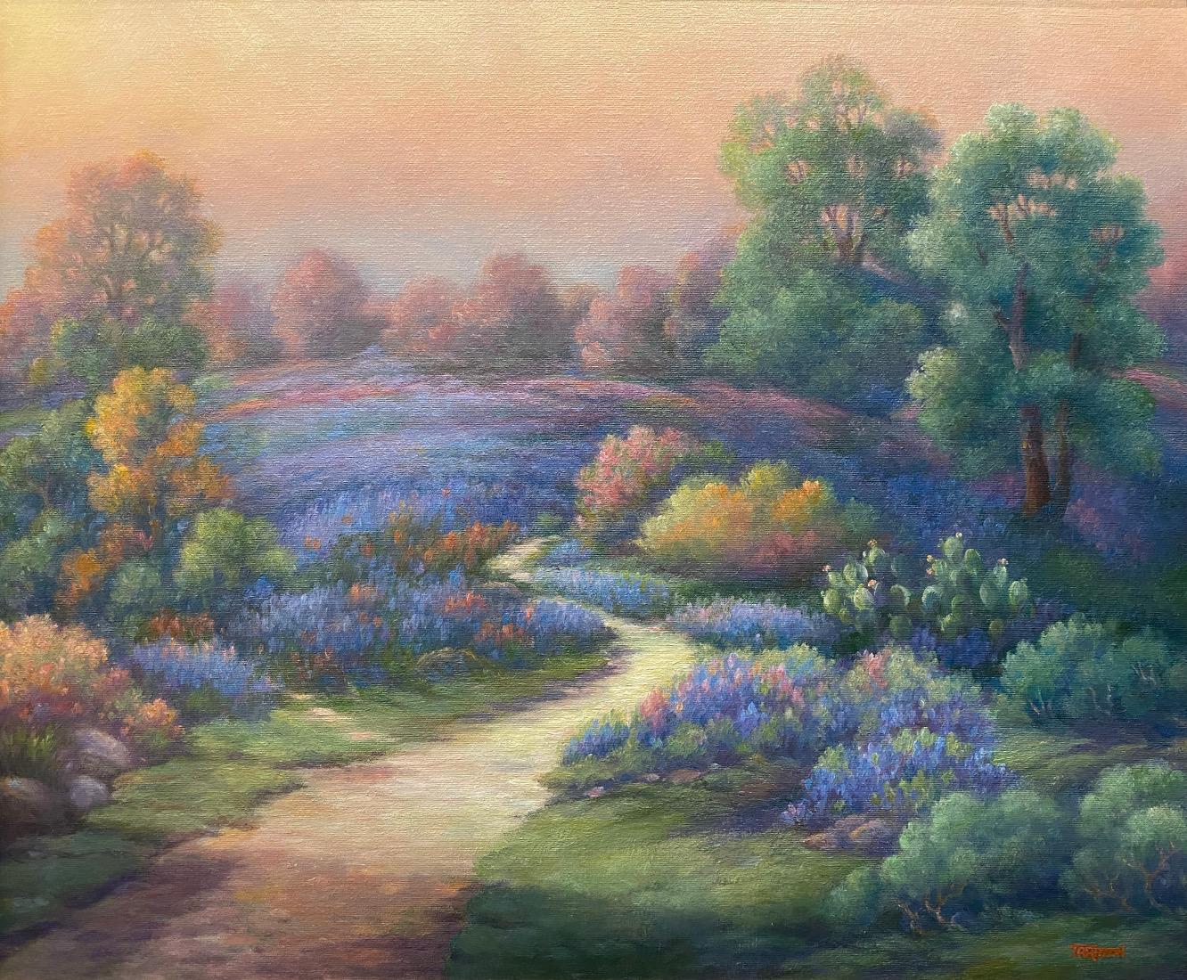 Maureen Tarazon Landscape Painting - "UNDER AN EVENING SKY"  Bluebonnet Painting TEXAS HILL COUNTRY