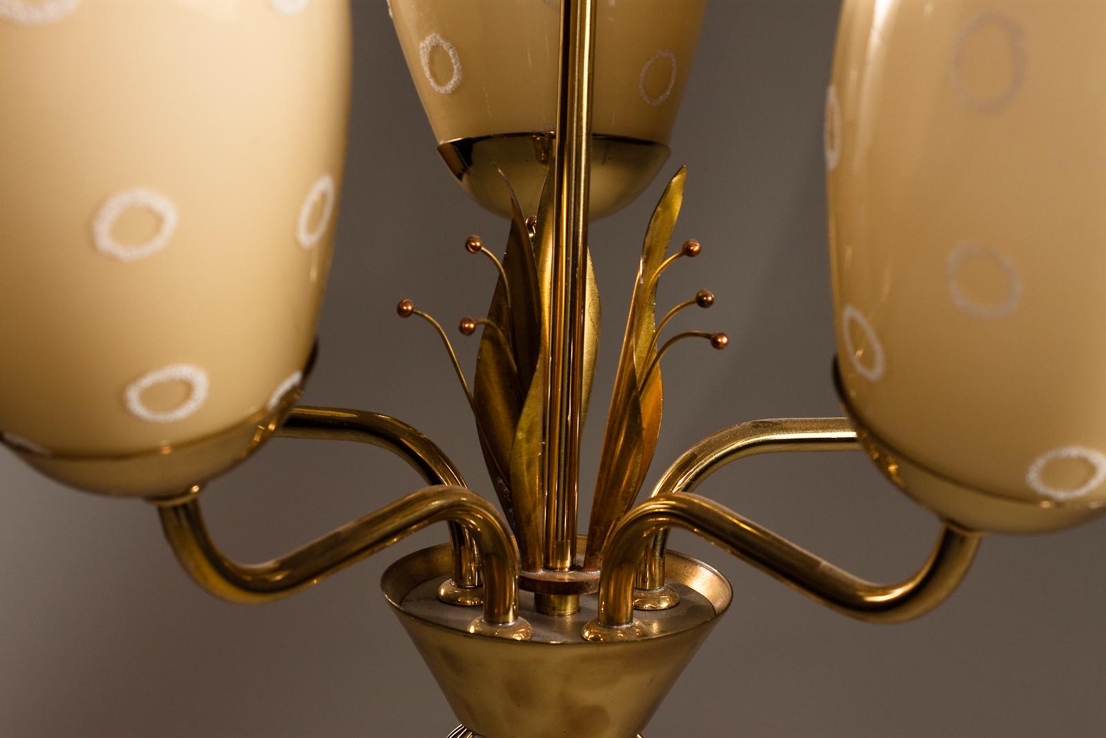 Mauri Almari, 1950's brass chandelier with hand-painted glass shades for Idman For Sale 2