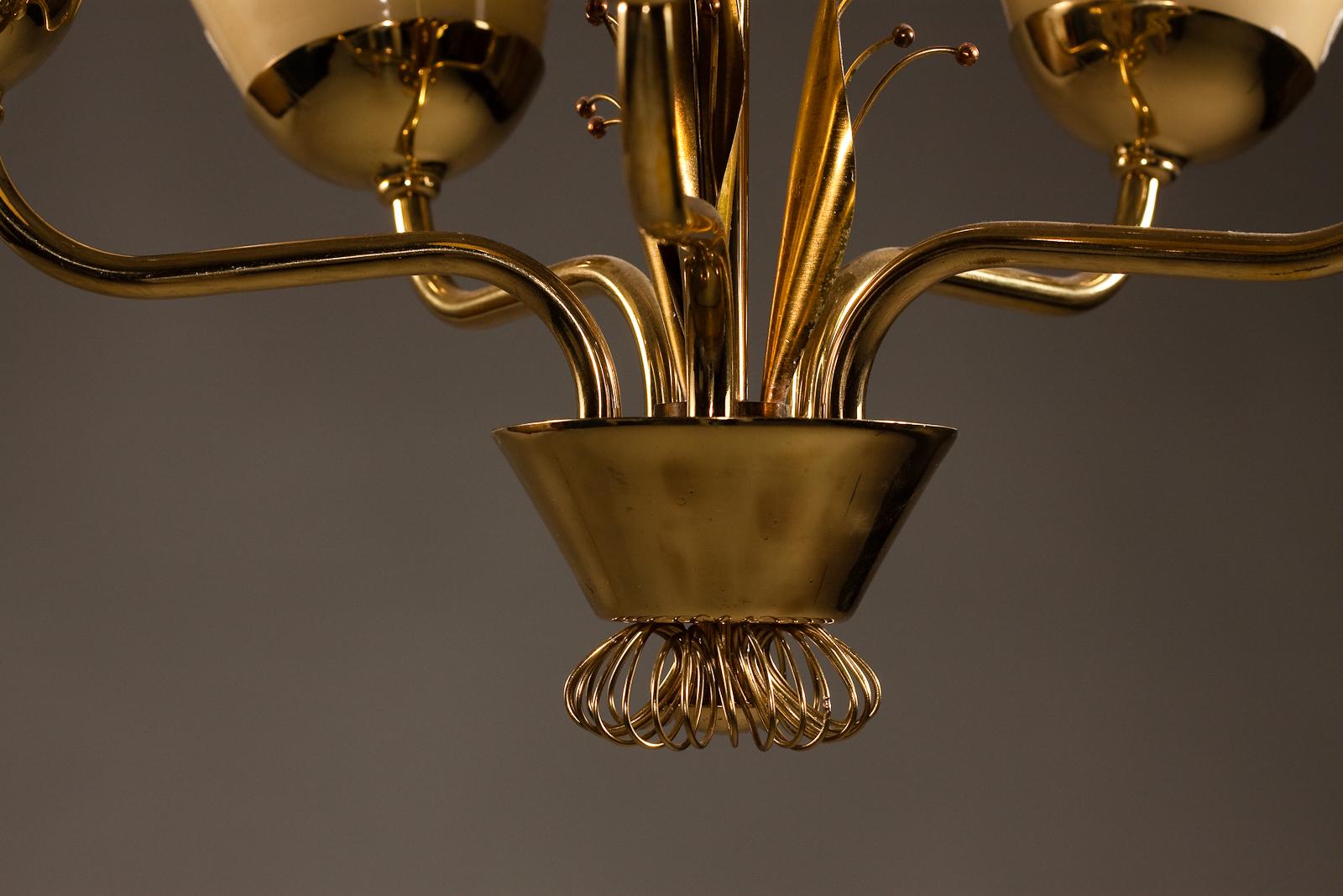 Mauri Almari, 1950's brass chandelier with hand-painted glass shades for Idman For Sale 5
