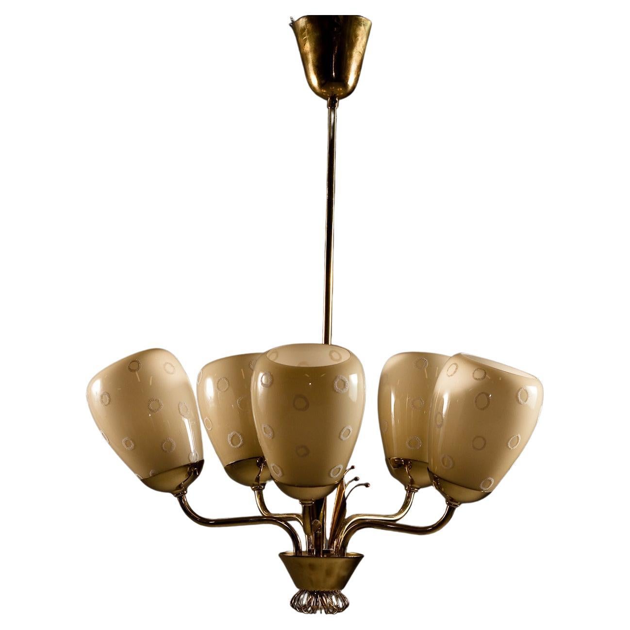 Mauri Almari, 1950's brass chandelier with hand-painted glass shades for Idman