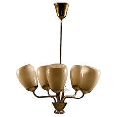 Vintage Mauri Almari, 1950's brass chandelier with hand-painted glass shades for Idman