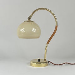 Mauri Almari Brass, Rattan & Opaline Table Lamp, Idman Oy, Finland 1950s