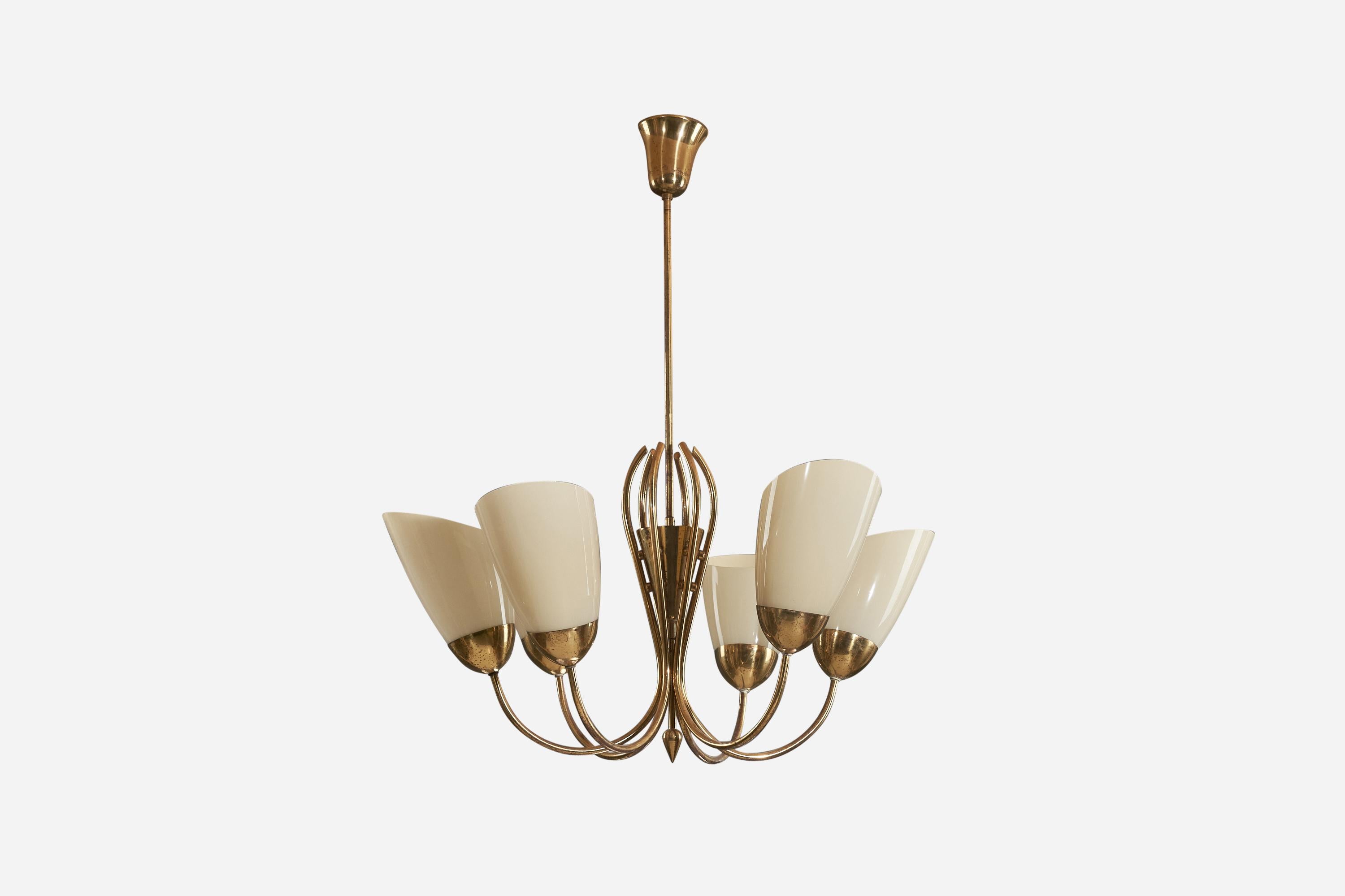 A brass and glass six-armed chandelier designed by Mauri Almari and produced by Idman, Finland, 1950s.