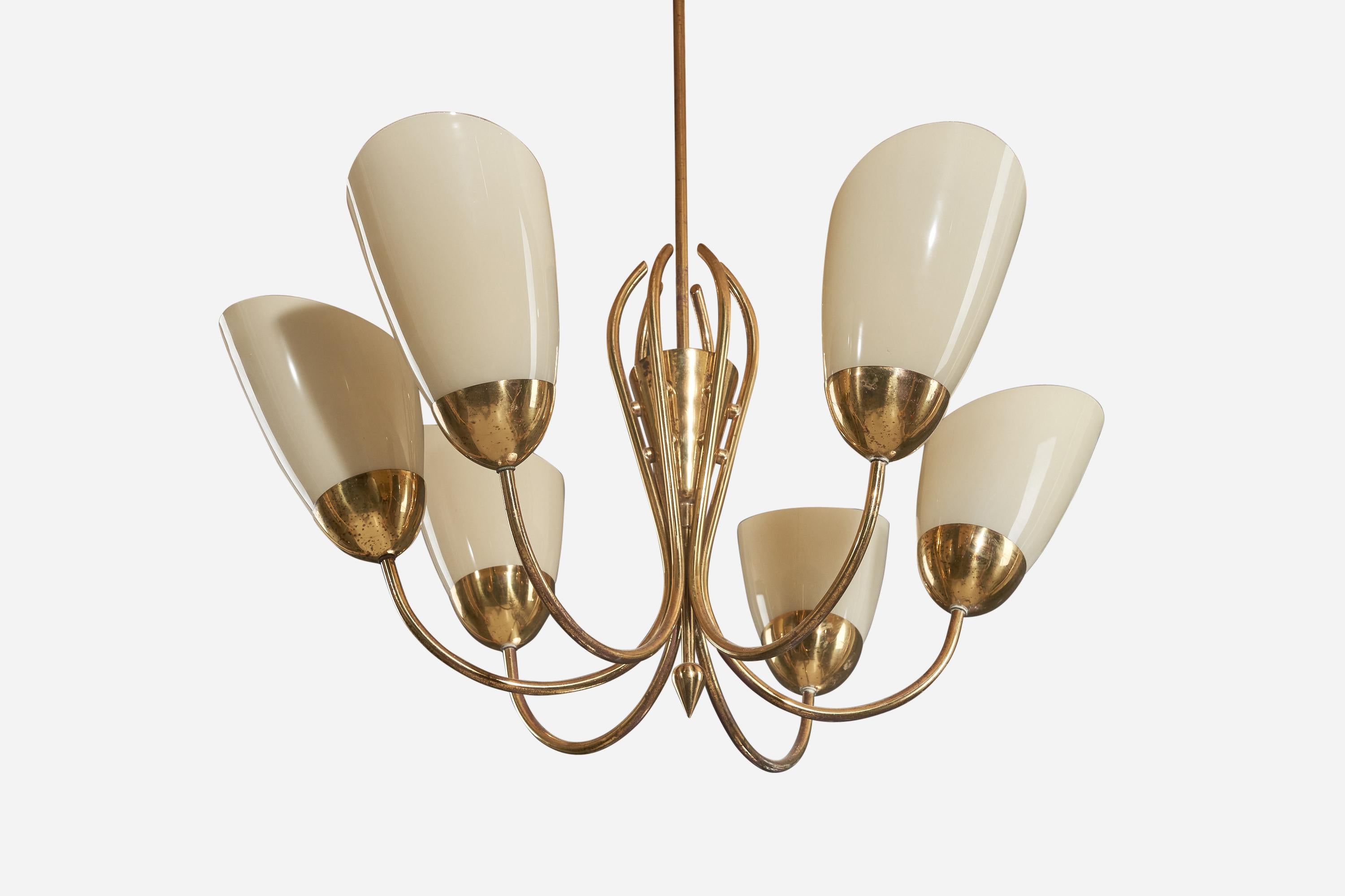 Finnish Mauri Almari, Chandelier, Brass, Glass, Idman, Finland, 1950s