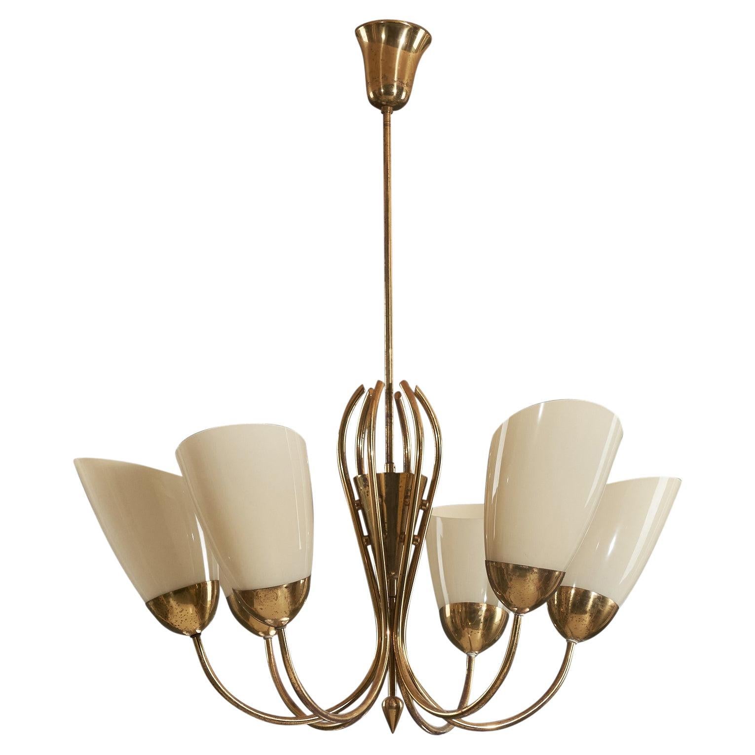 Mauri Almari, Chandelier, Brass, Glass, Idman, Finland, 1950s