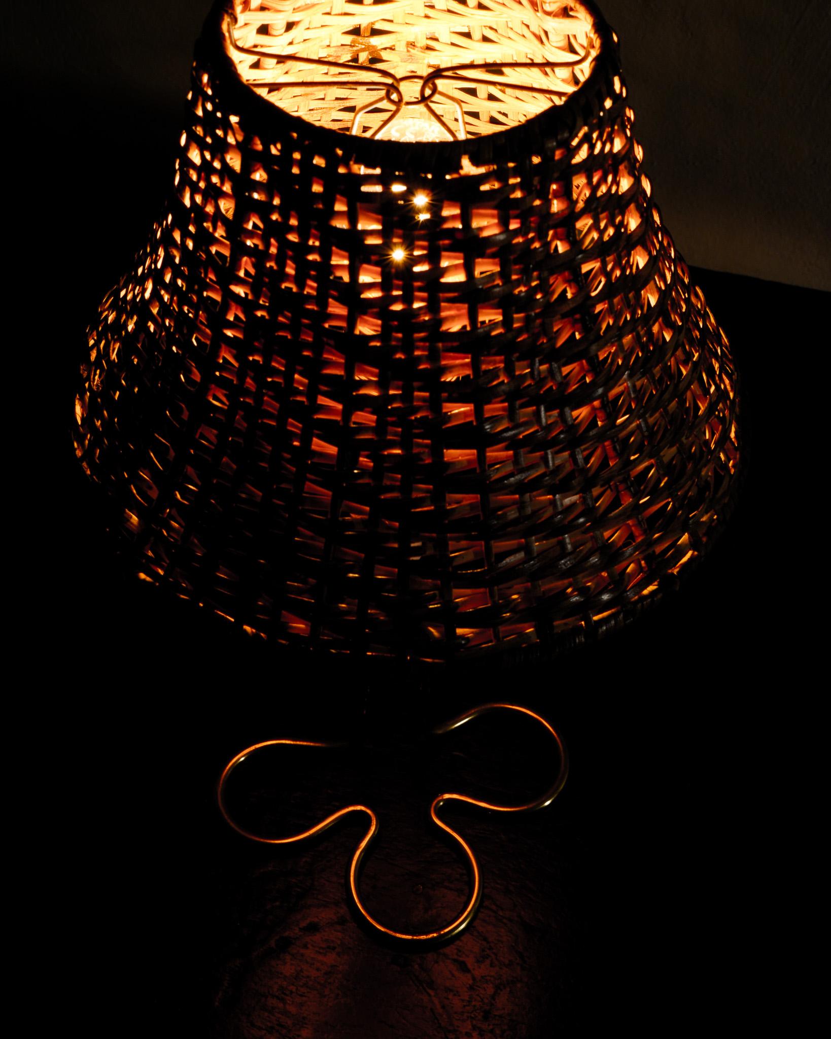 Mid-20th Century Mauri Almari Mid Century Brass Rattan Table Lamp Produced by Idman Finland 1950s