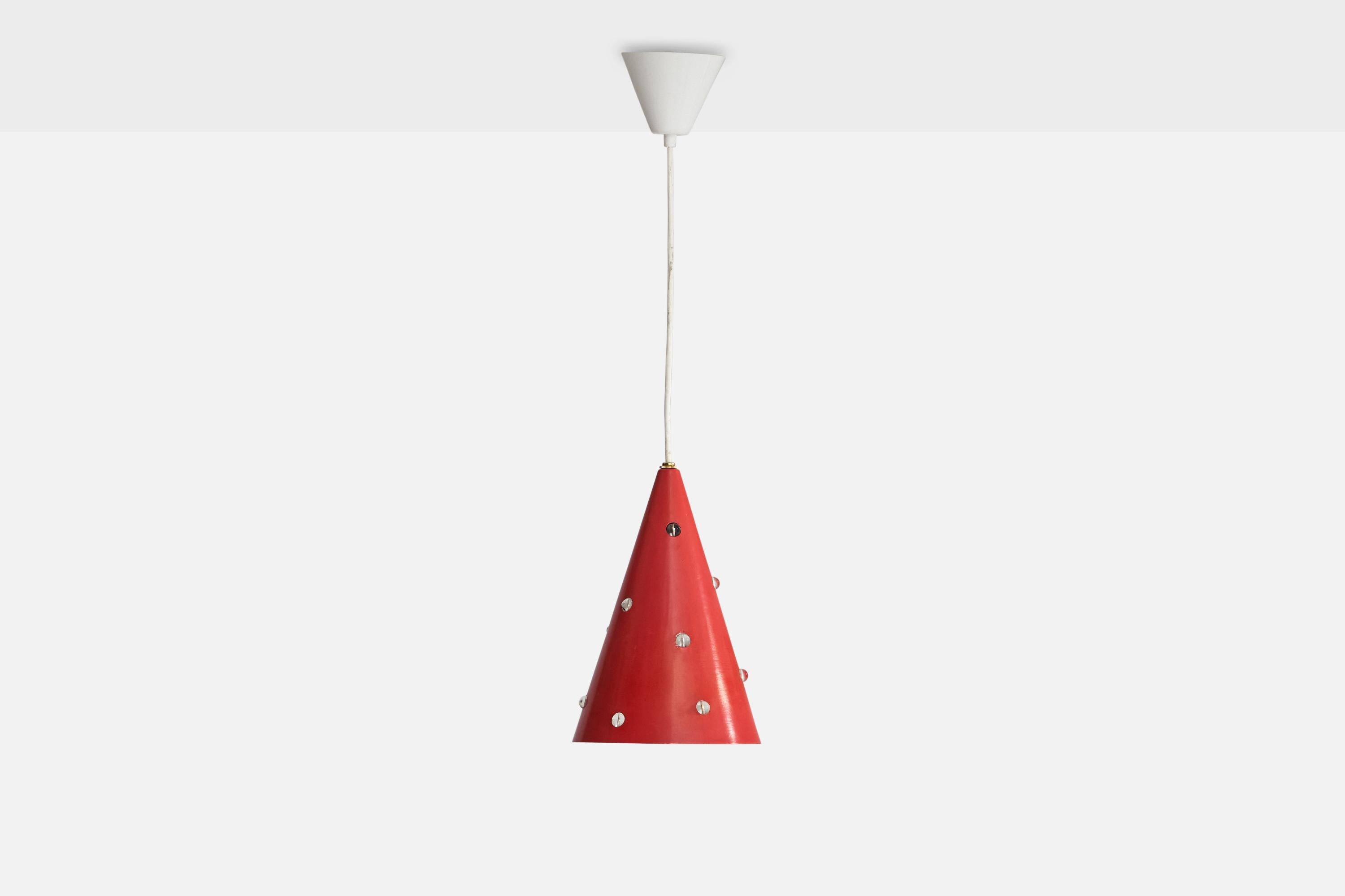 A red-lacquered metal and glass pendant light, model K-2, designed by Mauri Almari and produced by Idman, Finland, 1960s.

Dimensions of canopy (inches): 3.75” H x 4.45” Diameter
Socket takes standard E-26 bulbs. 1 socket.There is no maximum wattage