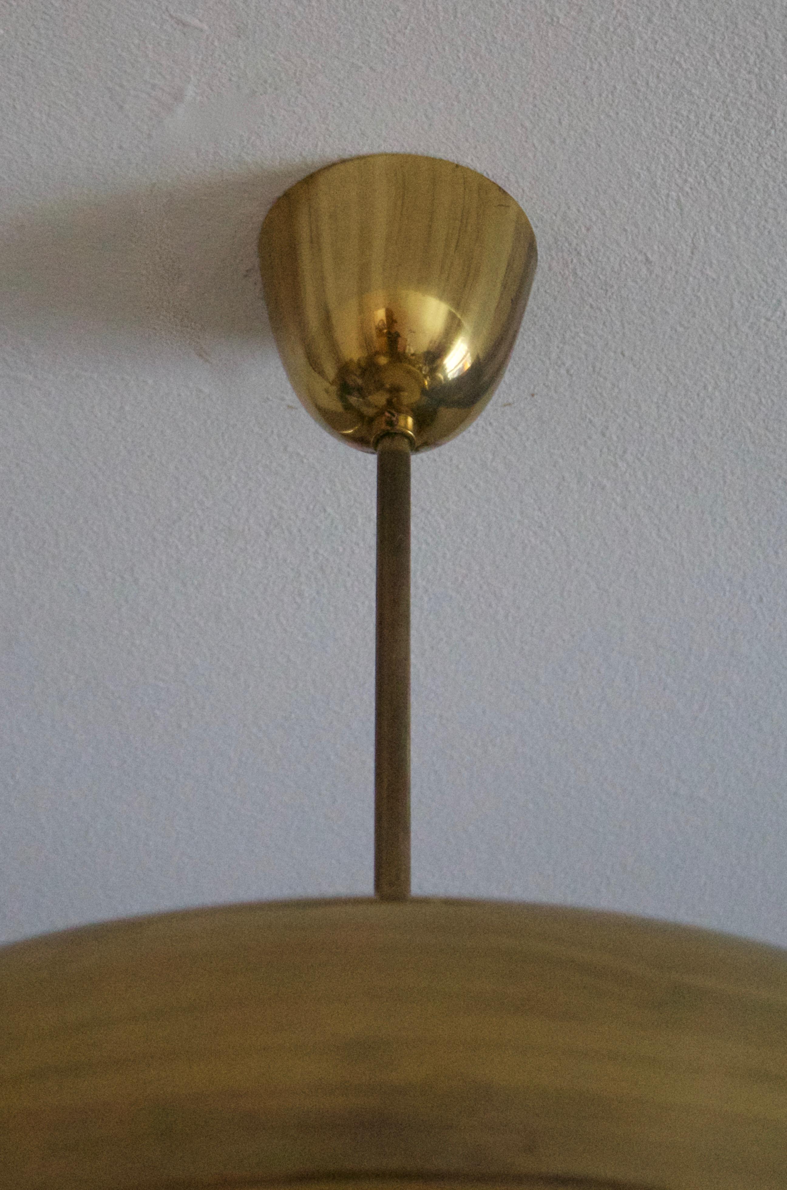 Finnish Mauri Almari, Sizable Pendant Light, Brass, Glass, Idman, Finland, 1950s