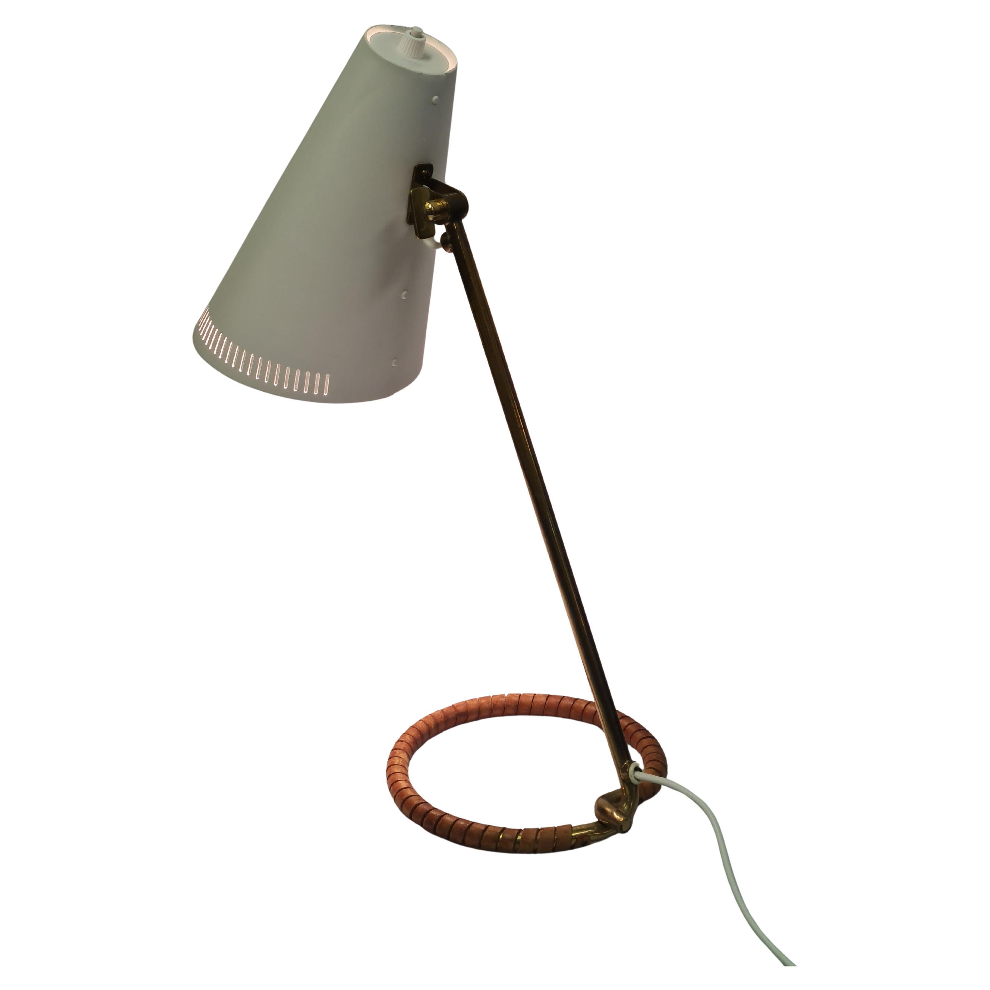 Mauri Almari Table Lamp Model K11-15 in White, Brass & Leather, Idman 1950s