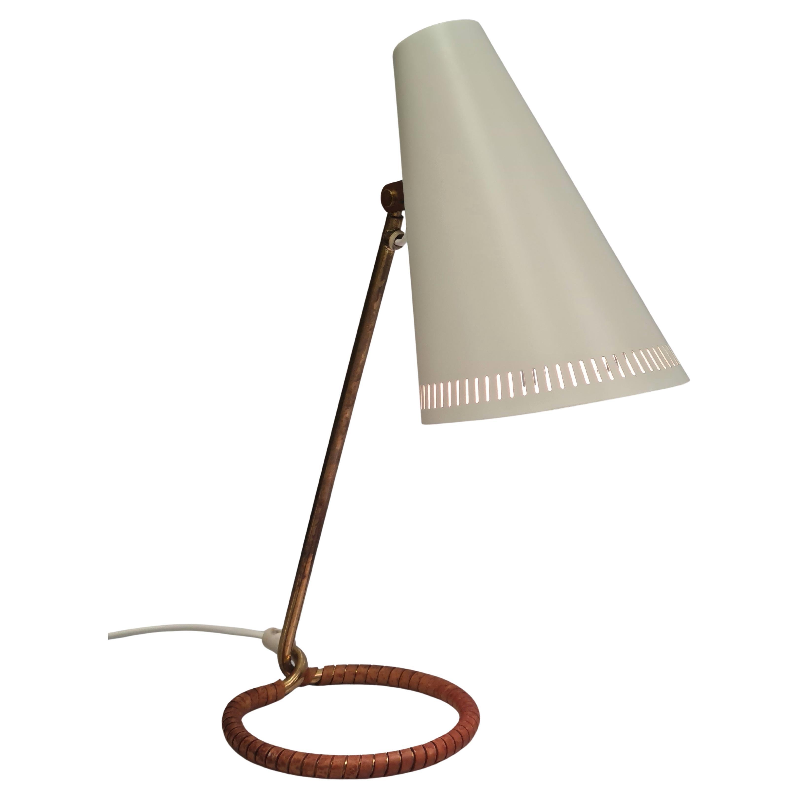Mauri Almari Table Lamp Model K11-15 in White, Brass & Leather, Idman 1950s For Sale