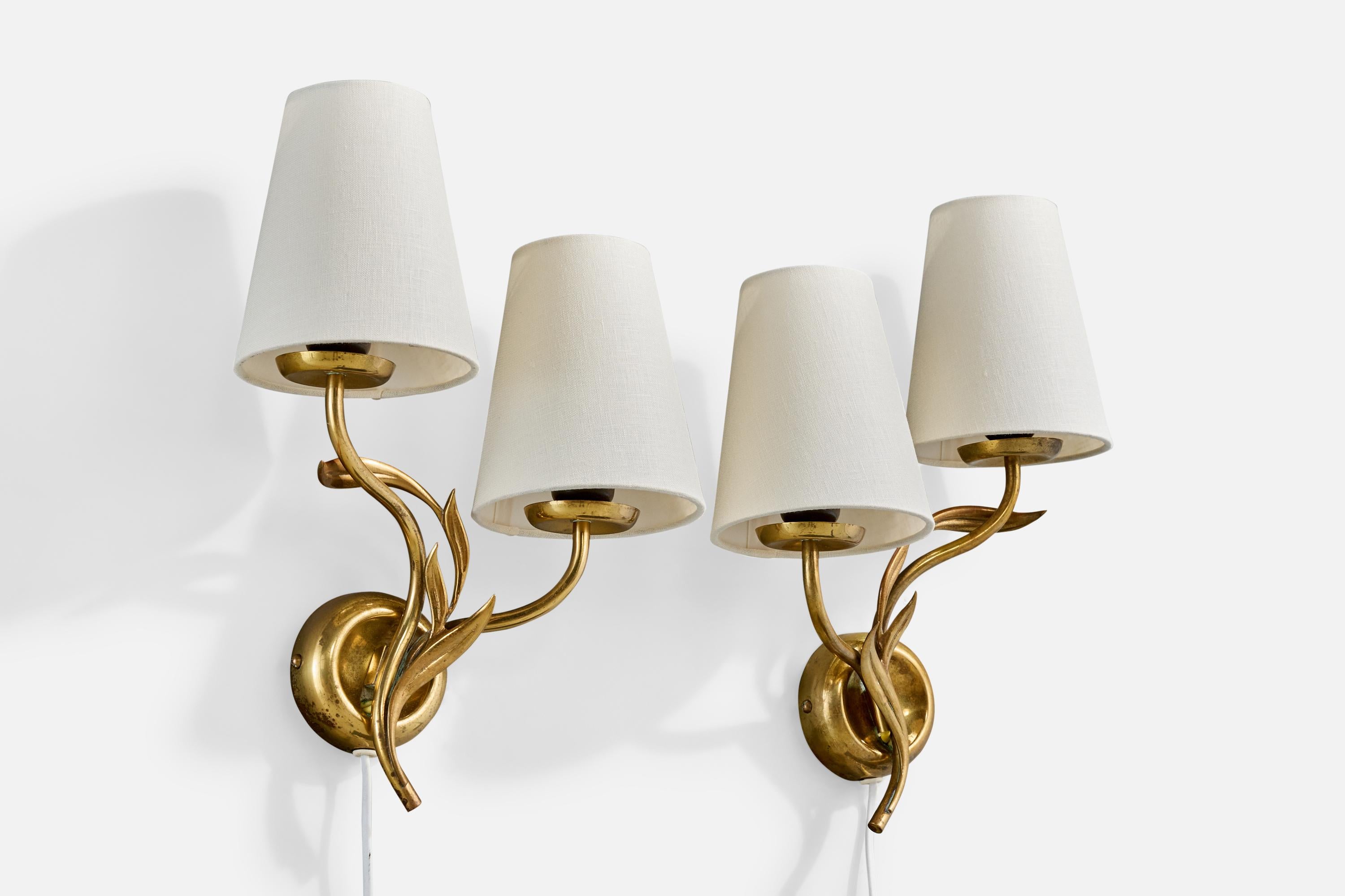 Mid-Century Modern Mauri Almari, Wall Lights, Brass, Fabric, Finland, 1950s For Sale