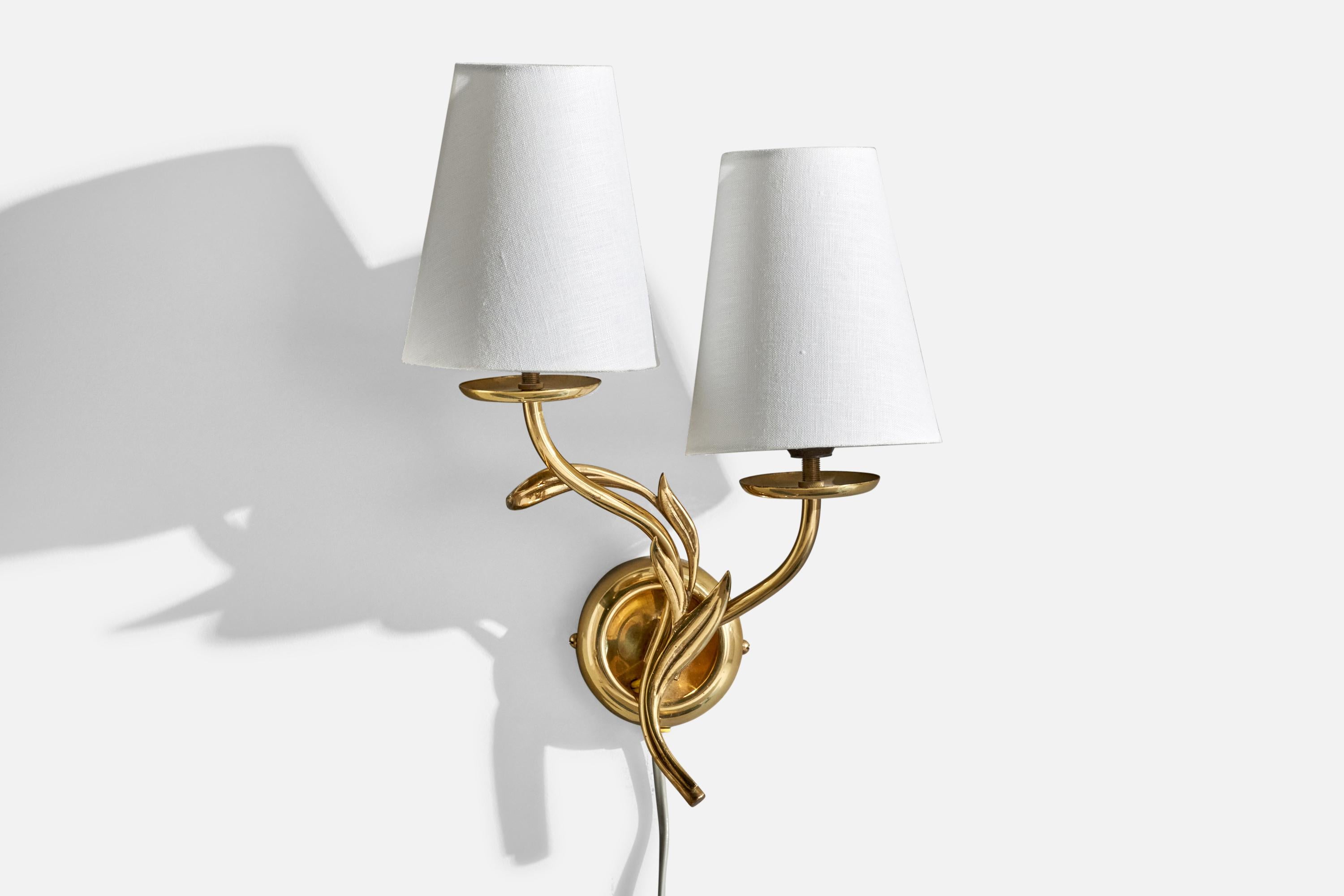 Scandinavian Modern Mauri Almari Wall Lights, Brass, Fabric, Finland, 1950s