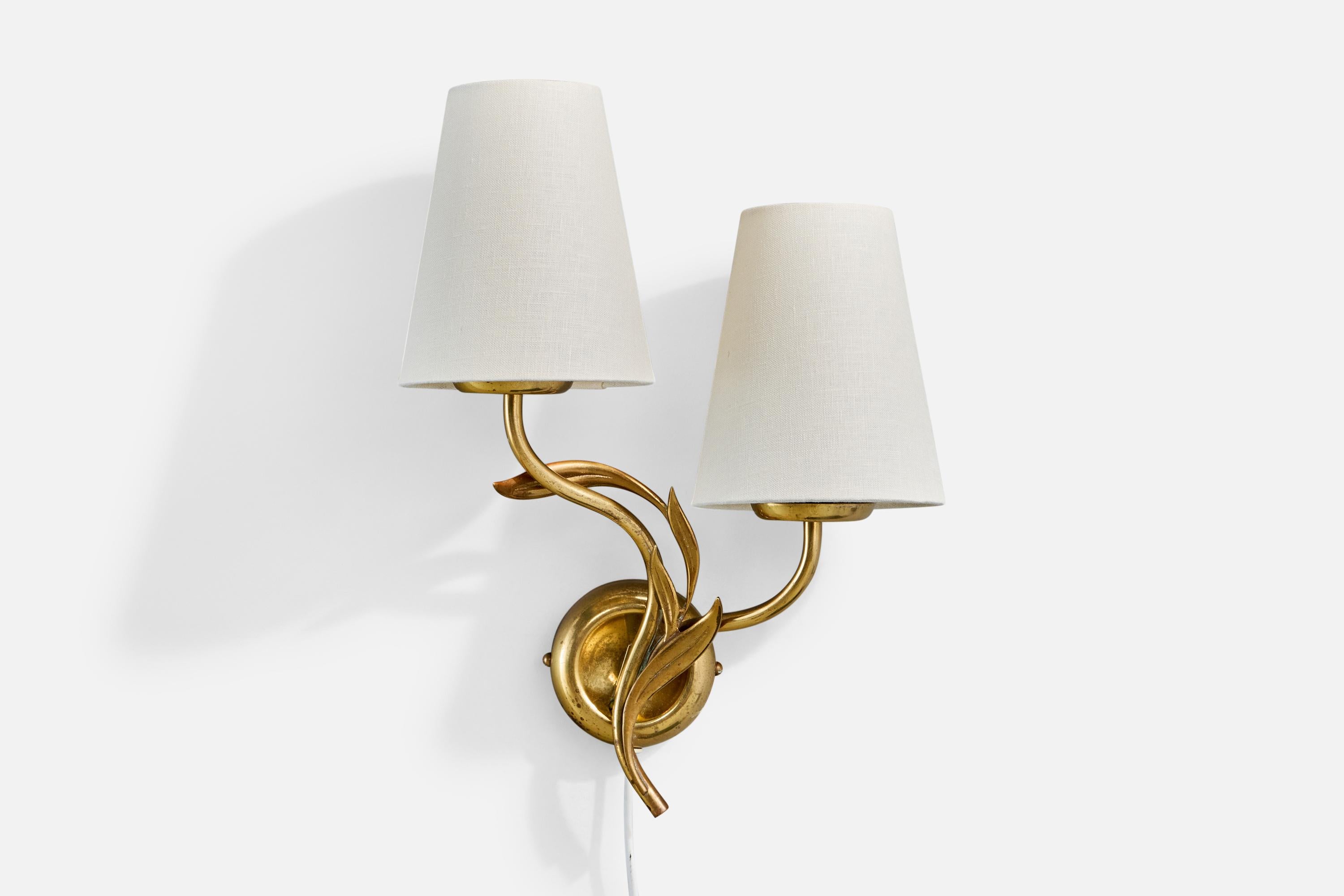 Finnish Mauri Almari, Wall Lights, Brass, Fabric, Finland, 1950s For Sale