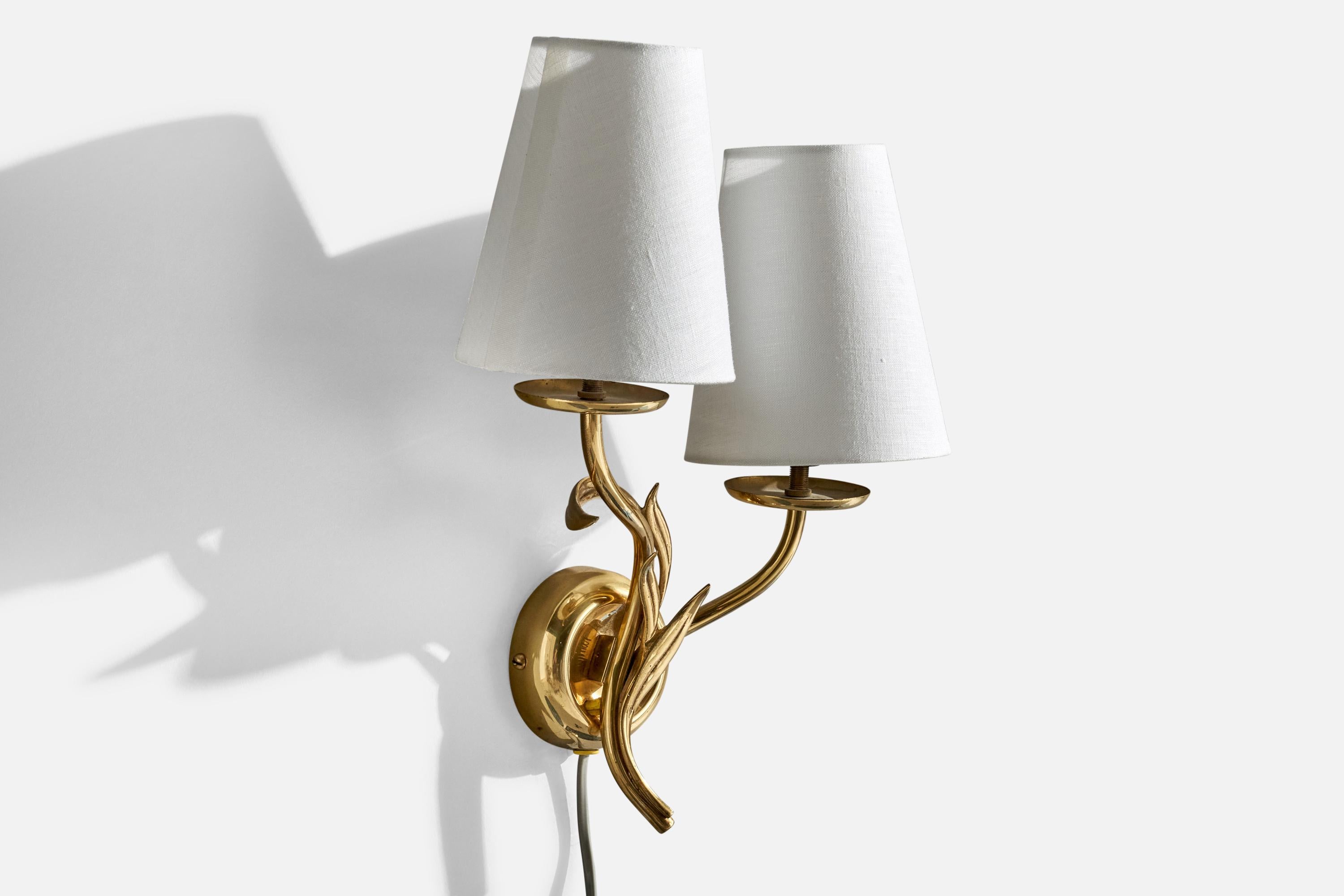 Finnish Mauri Almari Wall Lights, Brass, Fabric, Finland, 1950s