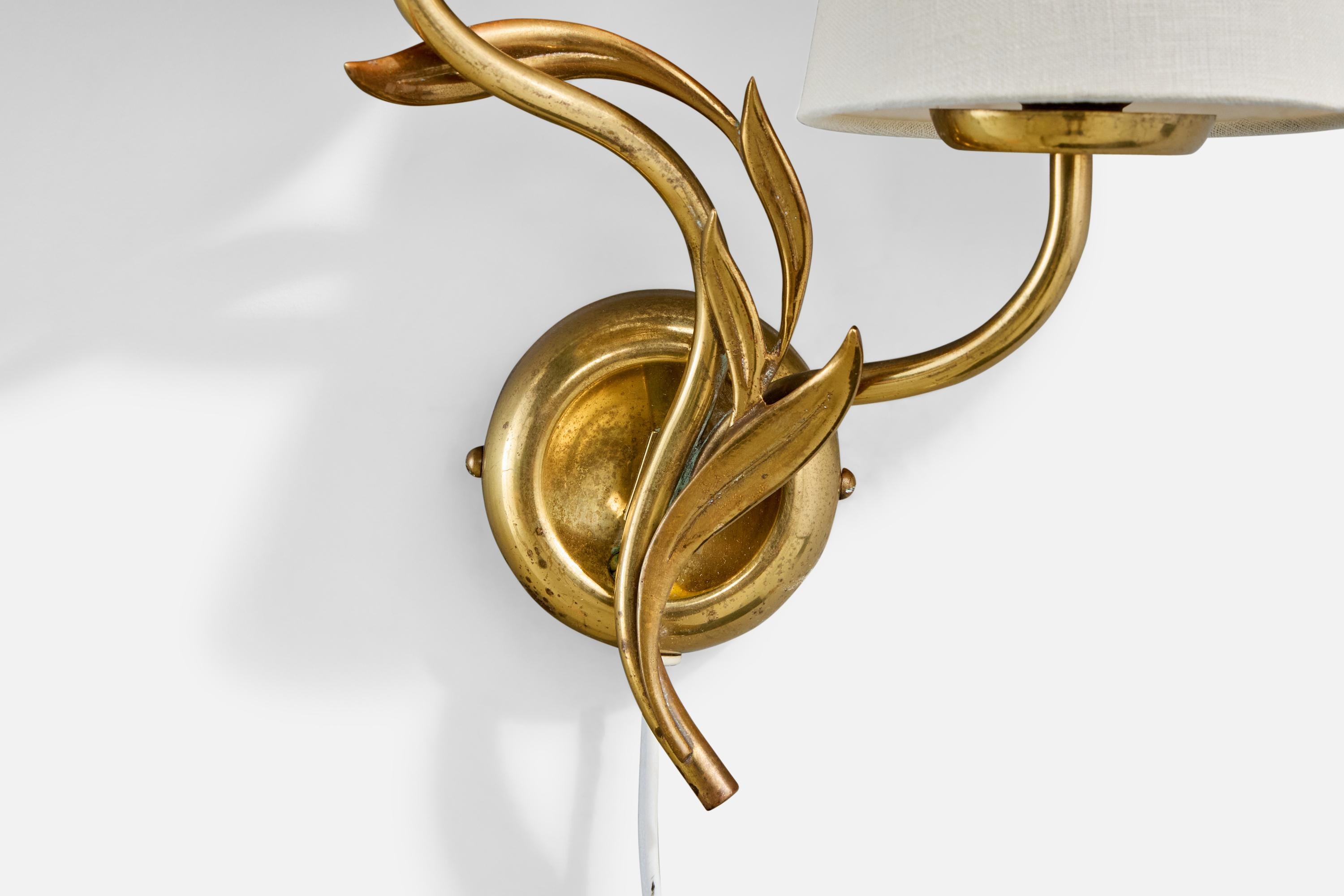 Mid-20th Century Mauri Almari, Wall Lights, Brass, Fabric, Finland, 1950s For Sale