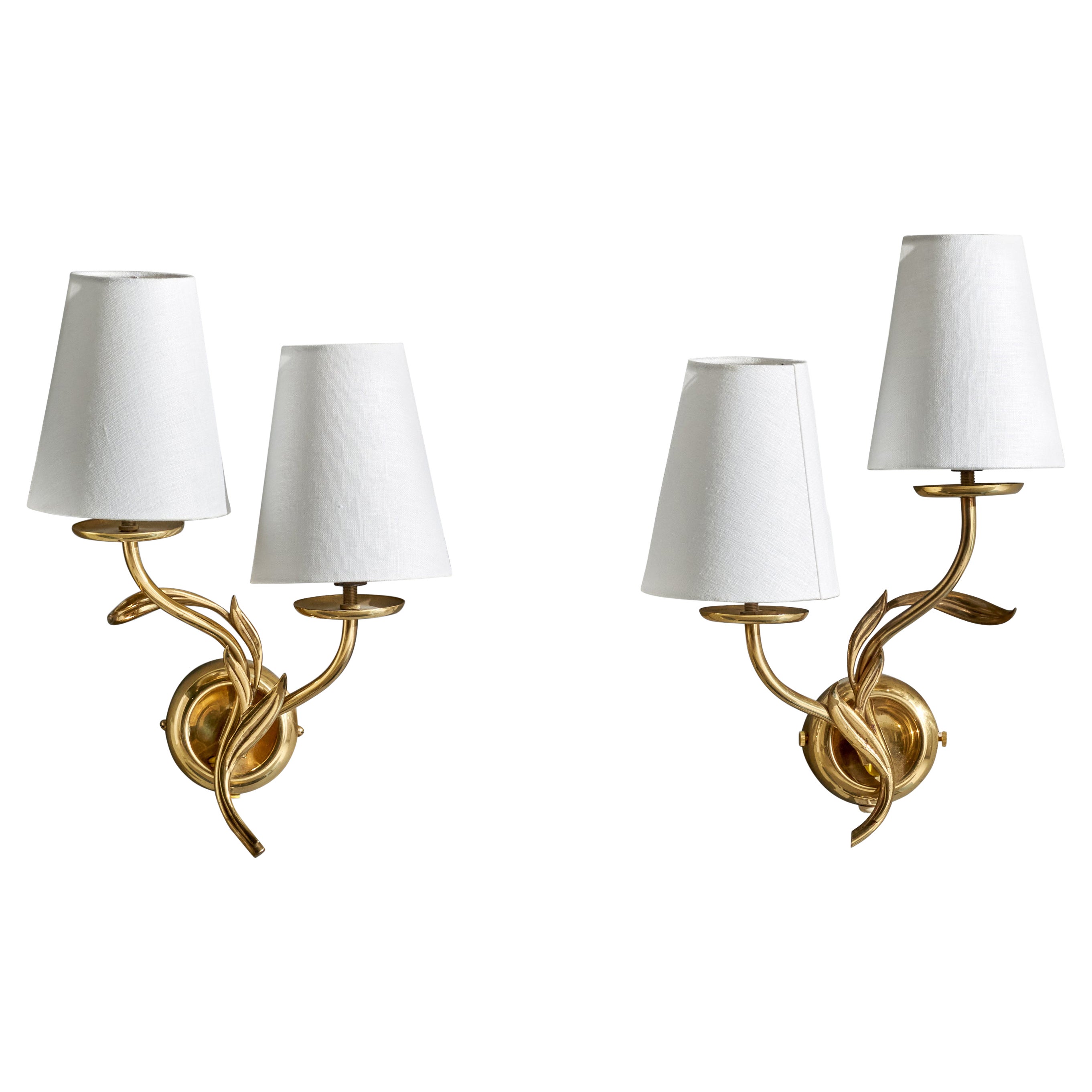 Mauri Almari Wall Lights, Brass, Fabric, Finland, 1950s