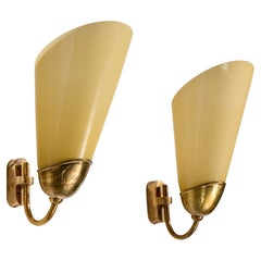 Mauri Almari, Wall Lights, Brass, Glass, Finland, 1950s