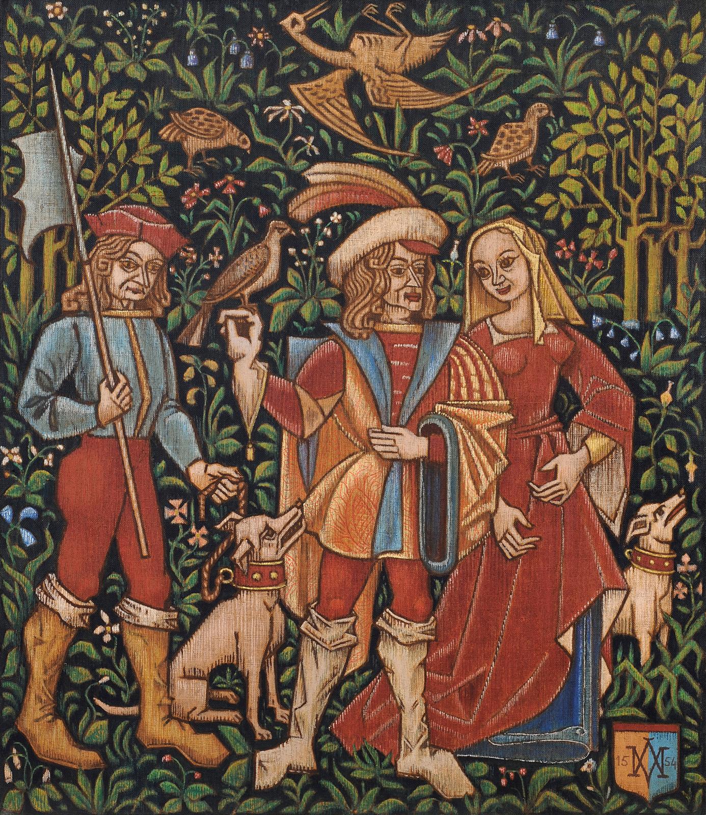 Caccia al falco dopo un arazzo del XVI secolo - Painting di Maurice Albe