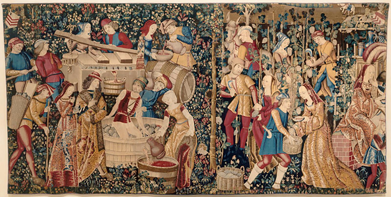 Maurice ALBE
(Beaugency 1900 - Périgueux 1995)
Les vendanges, d'après une tapisserie du XVIe siècle
Huile sur toile (type toile de jute)
H. 170 cm ; L. 100 cm
Signé et daté en haut à gauche 51

Provenance : Collection Monsieur et Madame Jean-Louis
