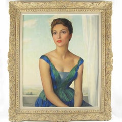 The Blue Dress Young Woman Oil on Canvas Painting by Maurice Ehlinger, 1957