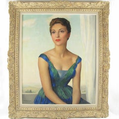 The Blue Dress Young Woman Oil on Canvas Painting by Maurice Ehlinger, 1957