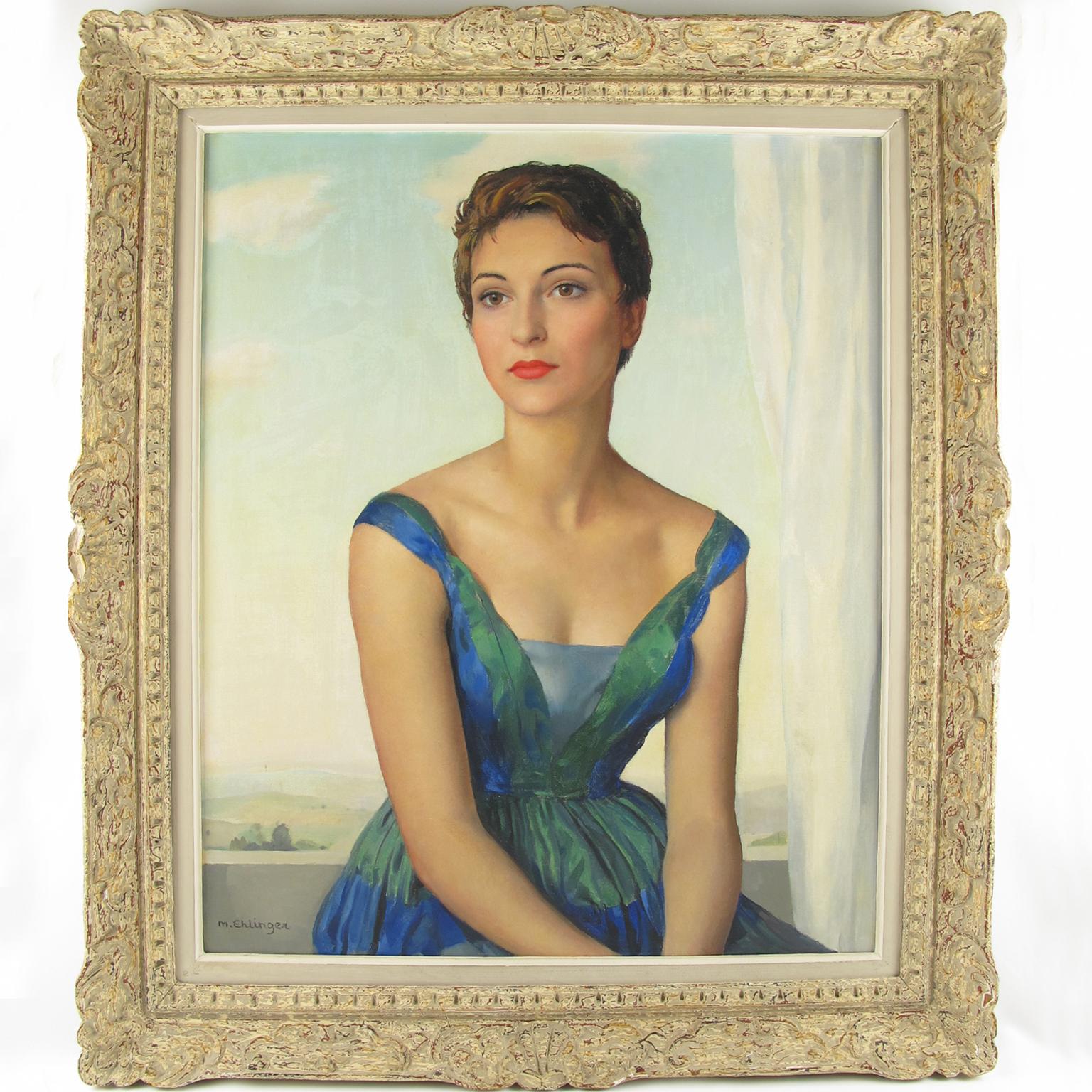 Maurice Ambroise Ehlinger (1896-1981) - Portrait de Mademoiselle France Noël, 1957. D'une élégance parisienne intemporelle, cette exceptionnelle huile sur toile du milieu du siècle, réalisée par le célèbre portraitiste français Maurice Ambroise