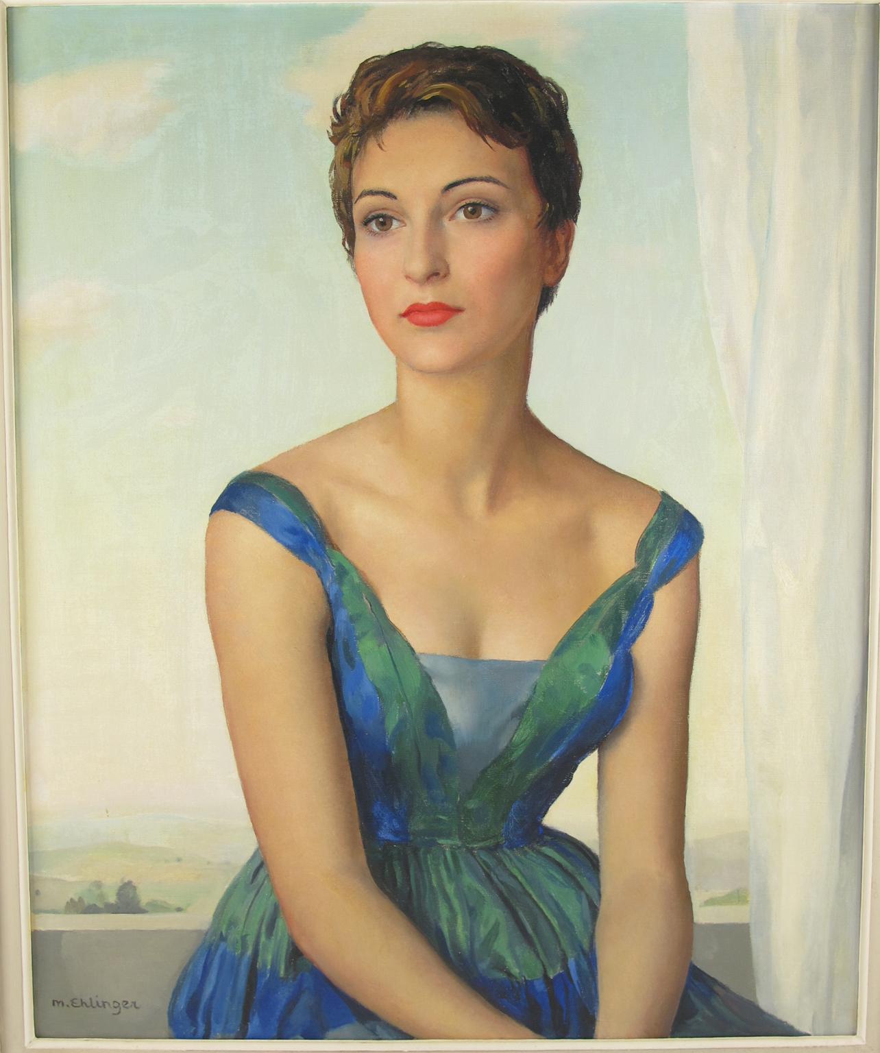 La robe bleue de la jeune femme Huile sur toile de Maurice Ehlinger en vente 2