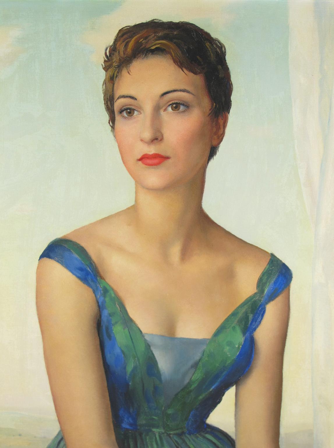La robe bleue de la jeune femme Huile sur toile de Maurice Ehlinger en vente 3