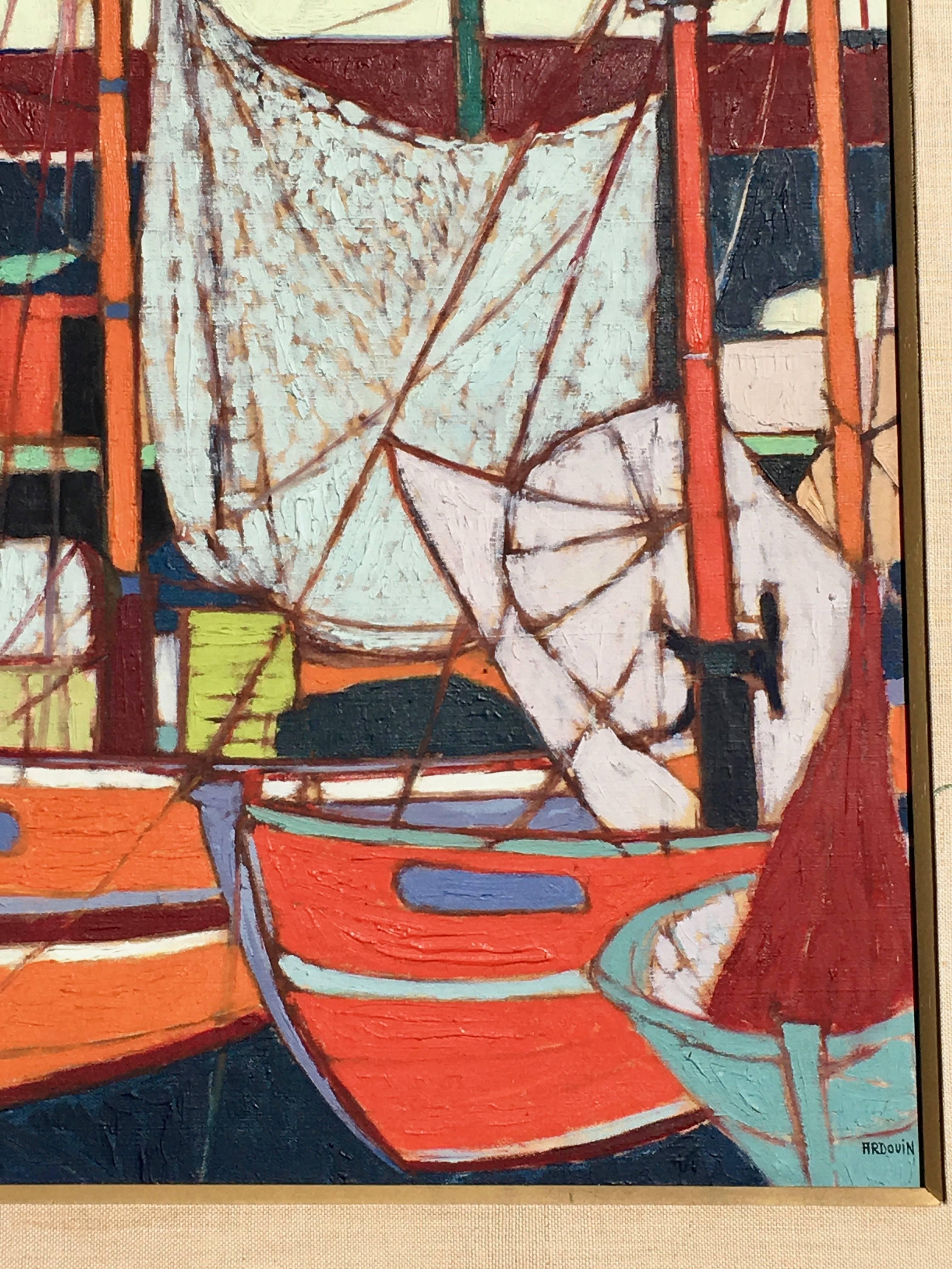 French 1960's ships in a harbor.Petit Port France - Painting by Maurice Ardouin