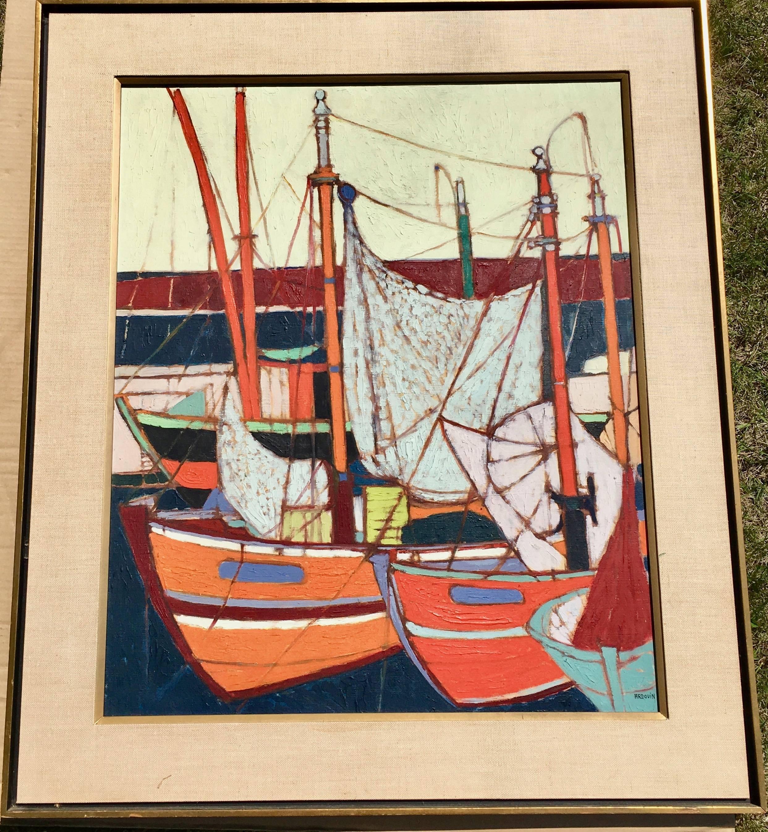 Maurice Ardouin Figurative Painting - French 1960's ships in a harbor.Petit Port France