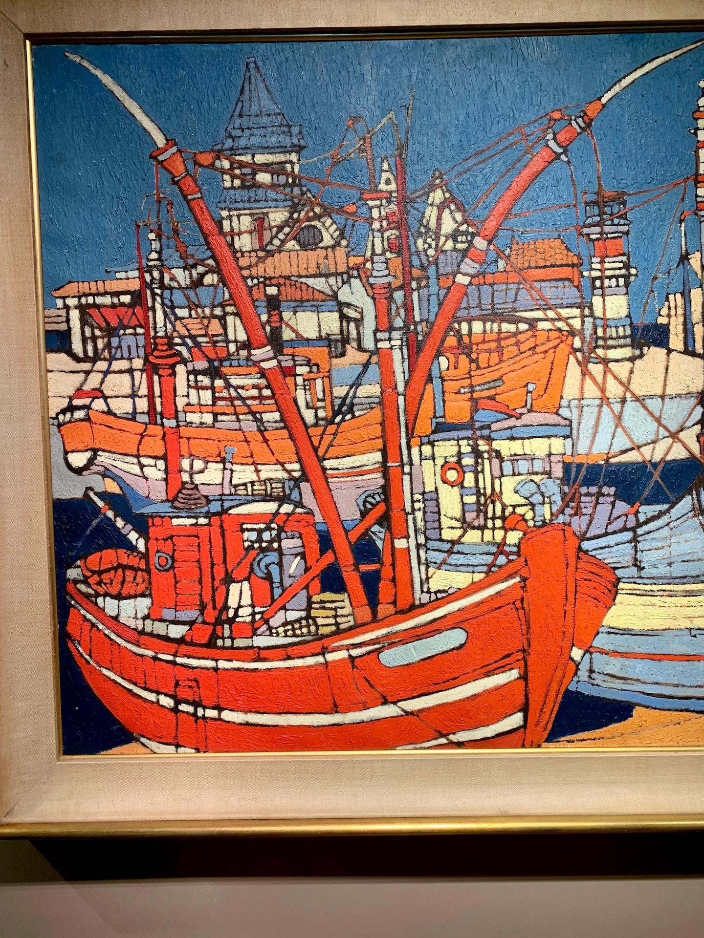 Mid Century French oil of fishing boats in a harbor with lighthouse, Brittany - Painting by Maurice Ardouin