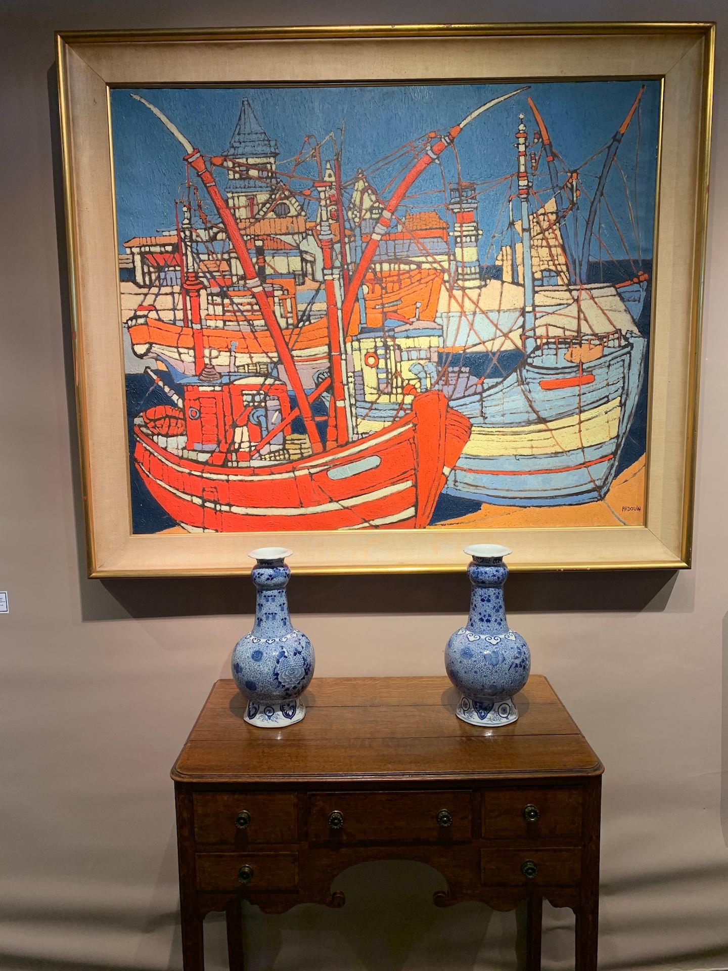 Mid Century French oil of fishing boats in a harbor with lighthouse, Brittany 1