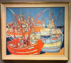 Mid Century French oil of fishing boats in a harbor with lighthouse, Brittany