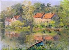 Paesaggio fluviale tranquillo - Dipinto a olio impressionista francese della metà del XX secolo