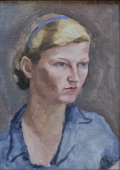 Porträt einer jungen Frau in Blau:: Öl auf Leinwand:: von82-1947) von Asselin