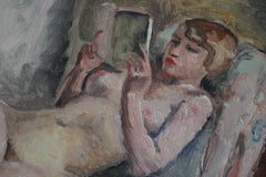Nude Oil Painting of a Woman Reading, Vintage Interior Nude by Maurice Asselin