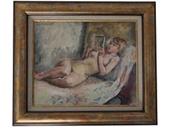 Nude Oil Painting of a Woman Reading, Vintage Interior Nude by Maurice Asselin