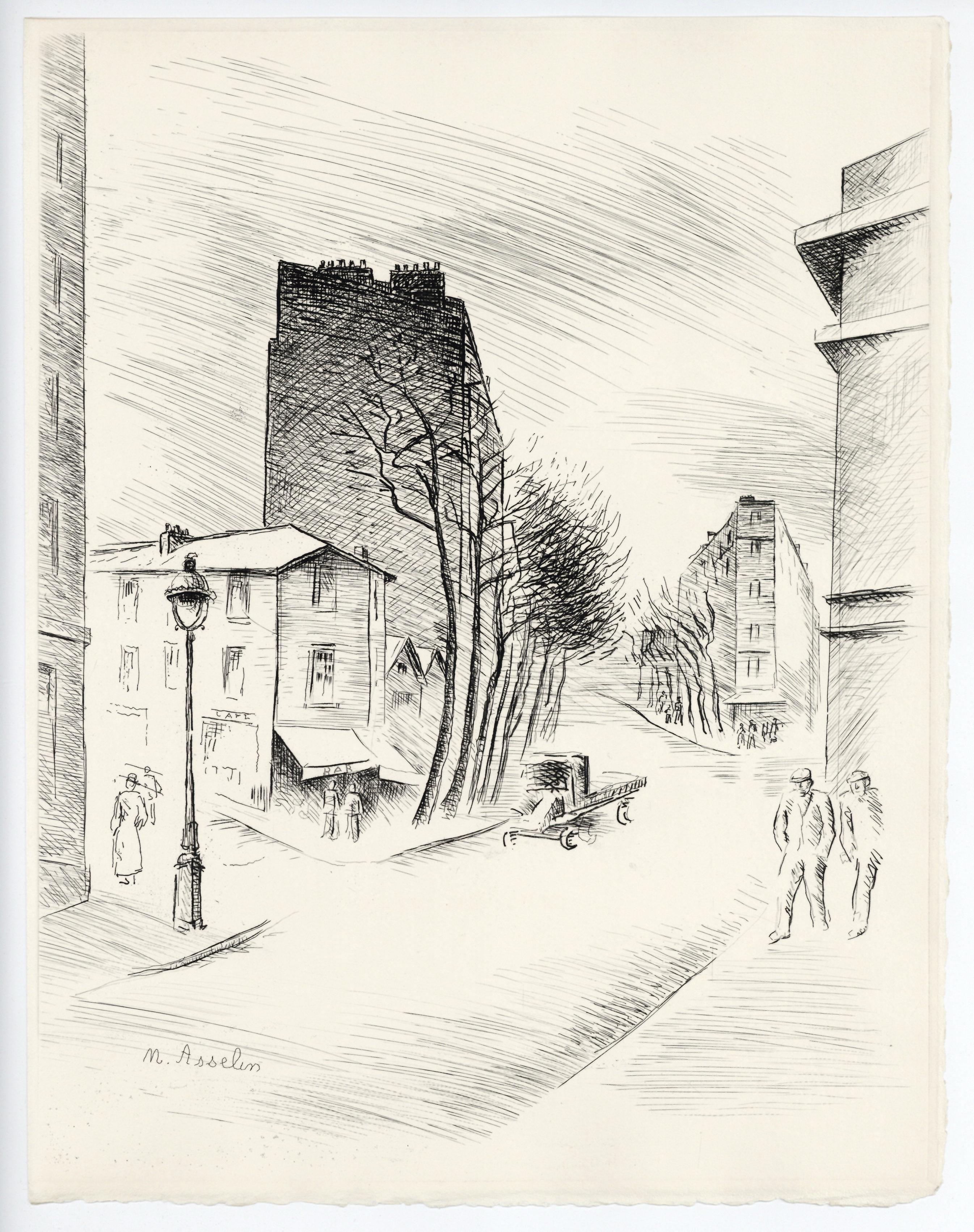 "Belleville" original etching - Print by Maurice Asselin