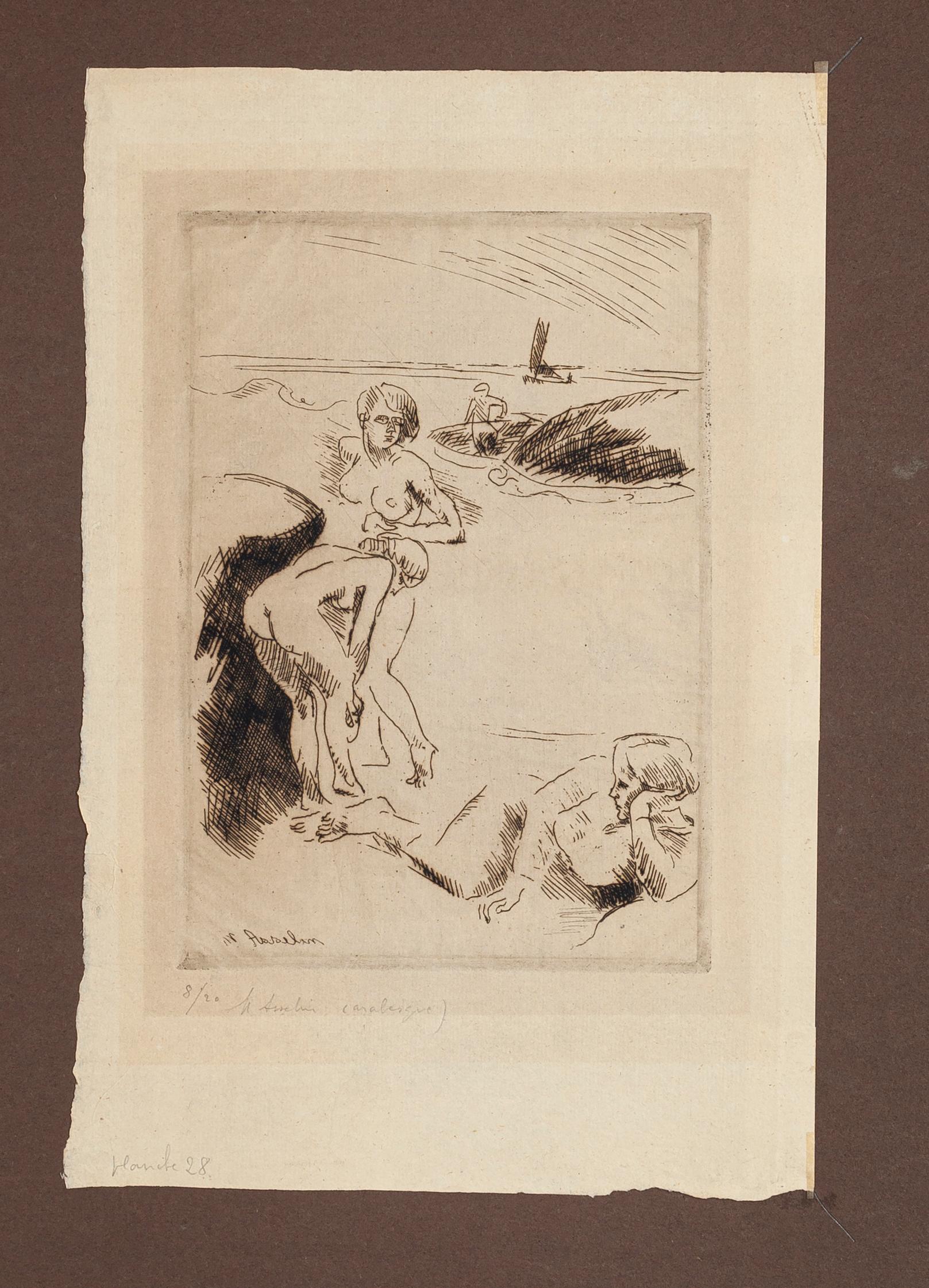 Swimmers - Etching by M. Asselin - Early 20th Century - Print by Maurice Asselin