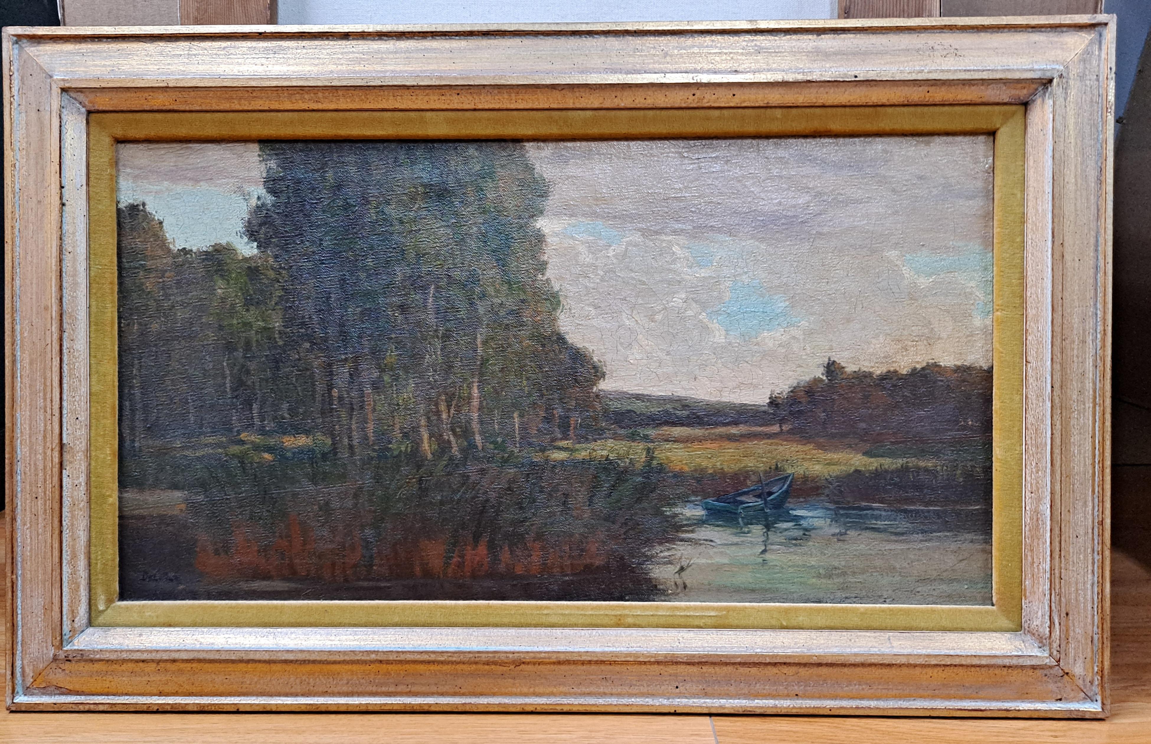 Maurice Auguste Delve (1875-1955) Öl auf Leinwand Gemälde

Schöne Flusslandschaftsmalerei 

Ungerahmt 12" x 22" 

Gerahmt 16,75" x 27"
