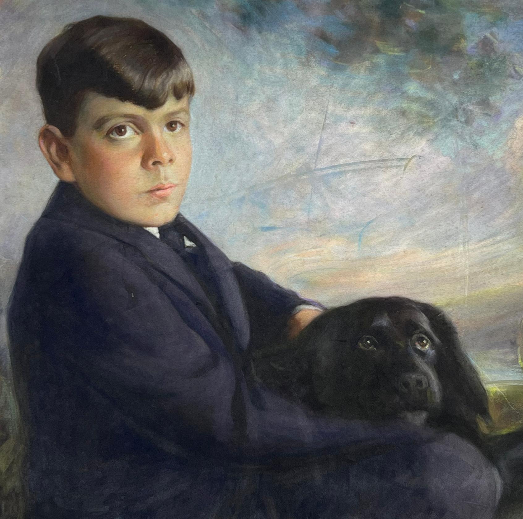 Paesaggio della Scuola del fiume Hudson con ritratto di ragazzo e cane Pastello originale - Painting di Maurice B. Rosenbaum