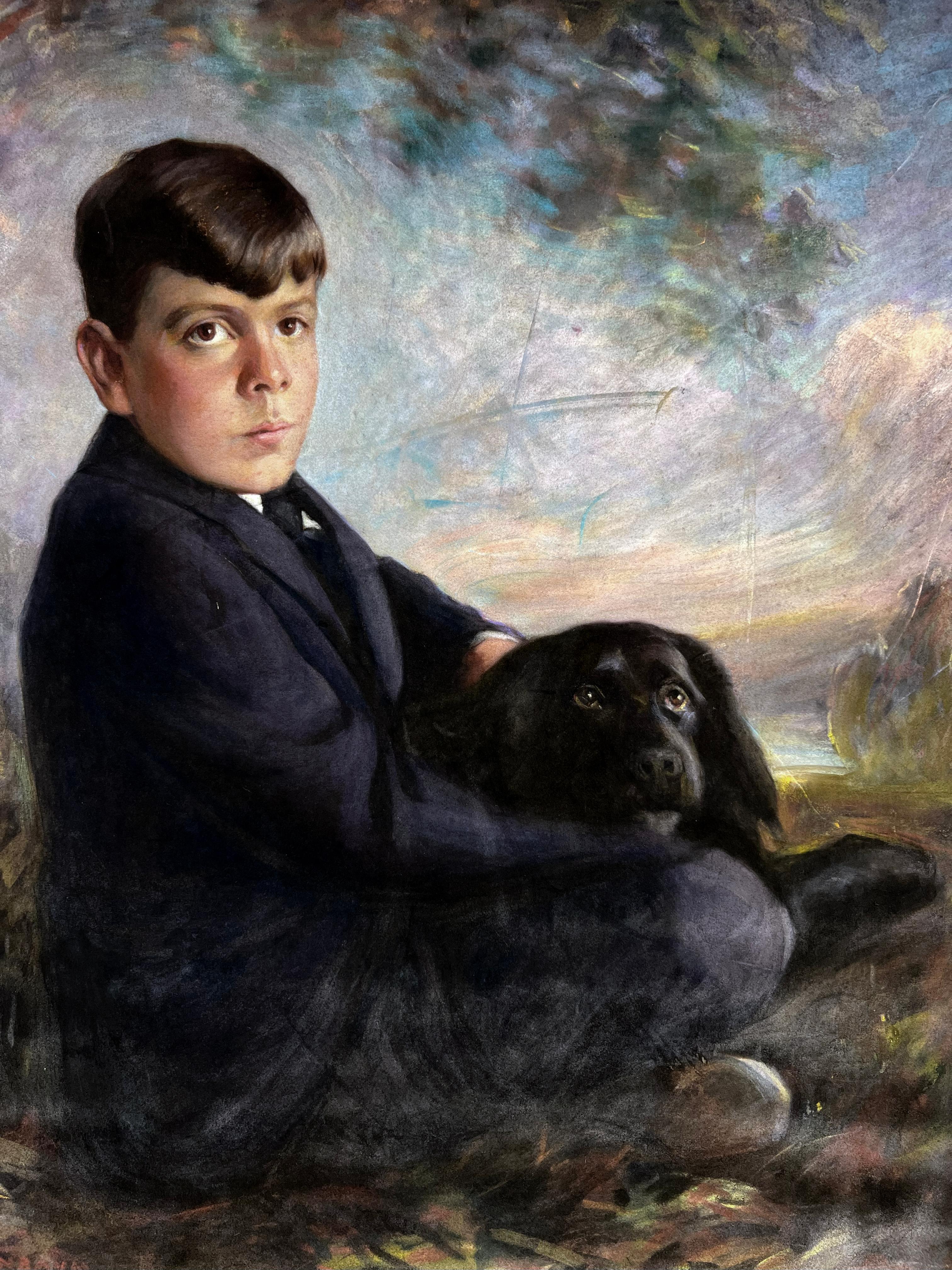 Paesaggio della Scuola del fiume Hudson con ritratto di ragazzo e cane Pastello originale - Figurative Painting Nero di Maurice B. Rosenbaum