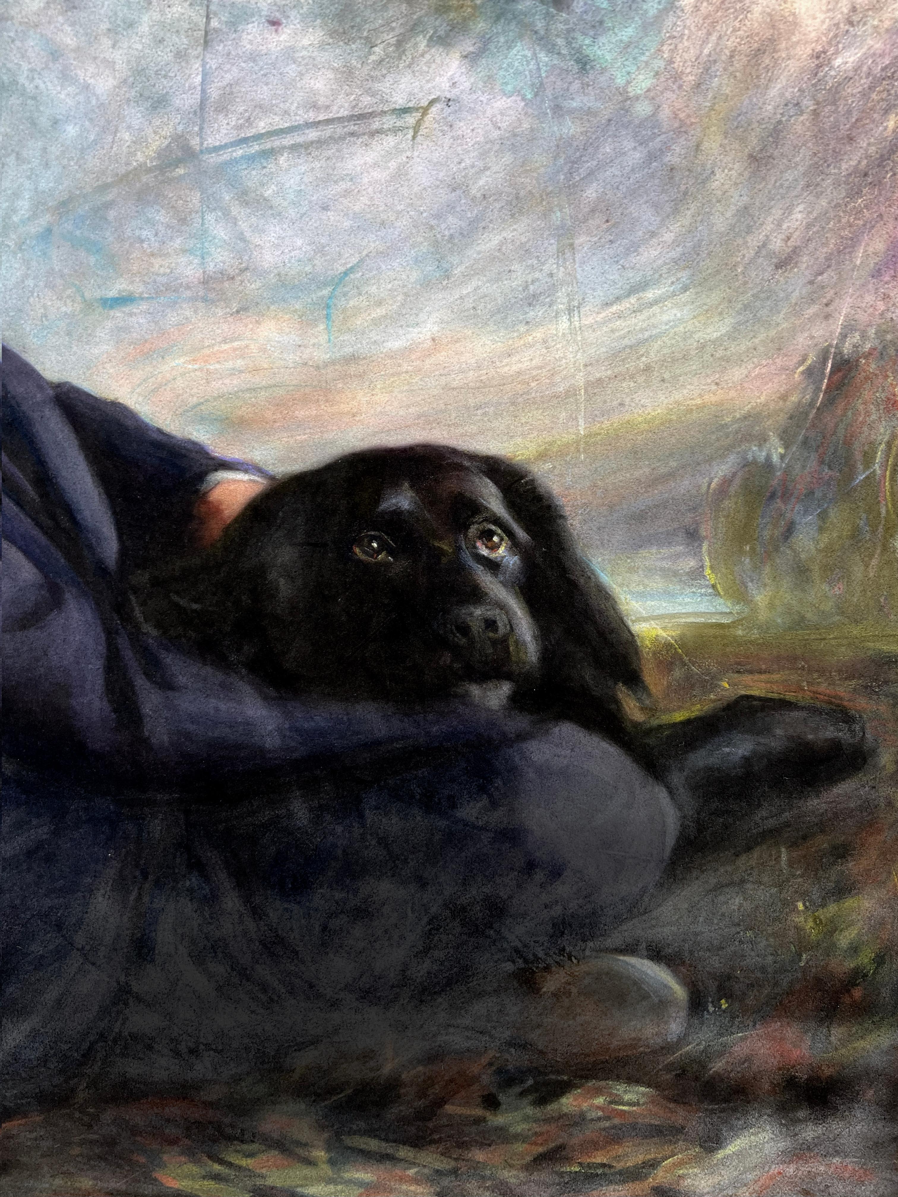 Paesaggio della Scuola del fiume Hudson con ritratto di ragazzo e cane Pastello originale in vendita 1
